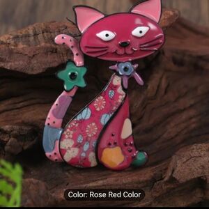 Fashion Jewelry Cat With Flowers Hearts Dropping Oil Metal Brooch Pin, Rose Red